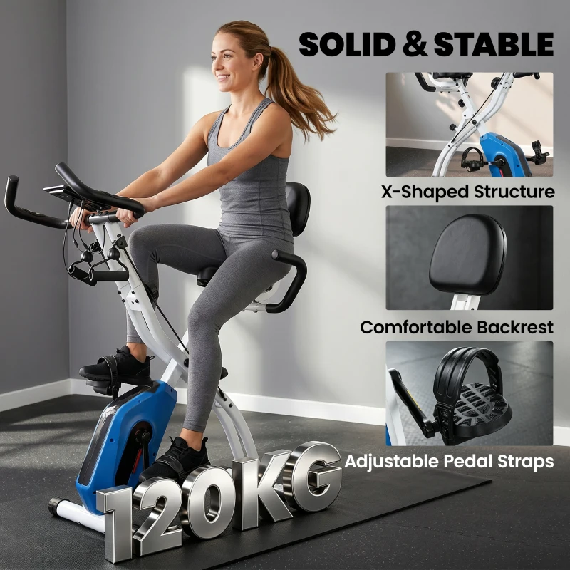 SPORTNOW Vélo d'Appartement Pliable Vélo de Fitness 3 en 1 Silencieux Connecté Kinomap Bluetooth et Zwift 105x53,5x109cm Bleu
