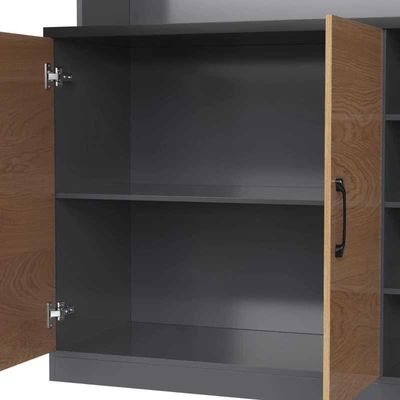 Highboard de cozinha, compartimento de vidro reforçado e iluminação ambiente LED, prateleiras laterais reguláveis em altura100x47x187 cm, Cor natural