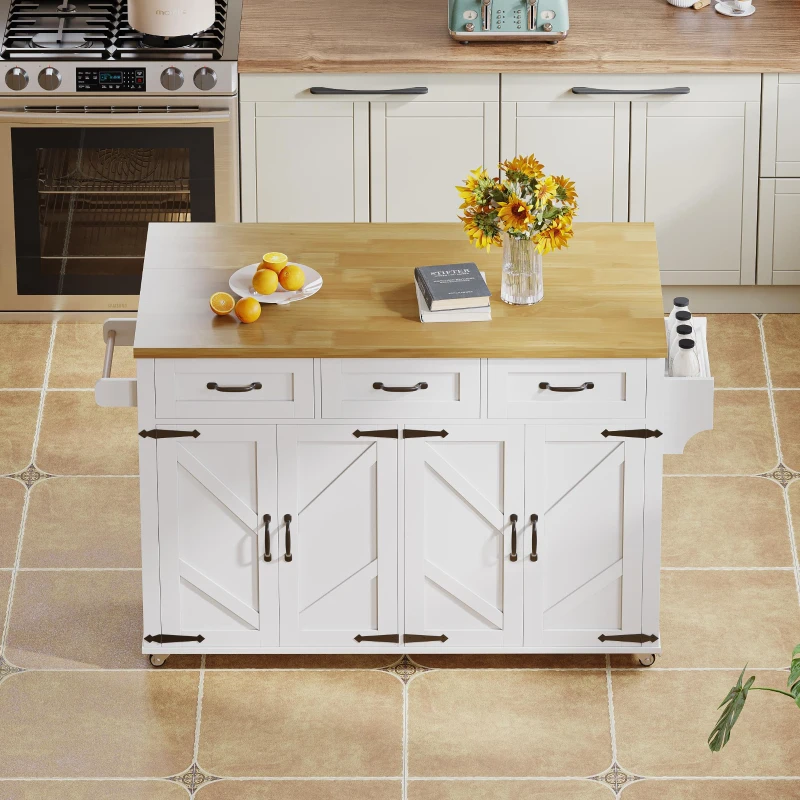 Ilha de cozinha com bancada rebatível, 4 portas, 3 gavetas, suportes duplos para toalhas, design estilo celeiro, 140x43/70x90,5 cm, Branco+Cor natural