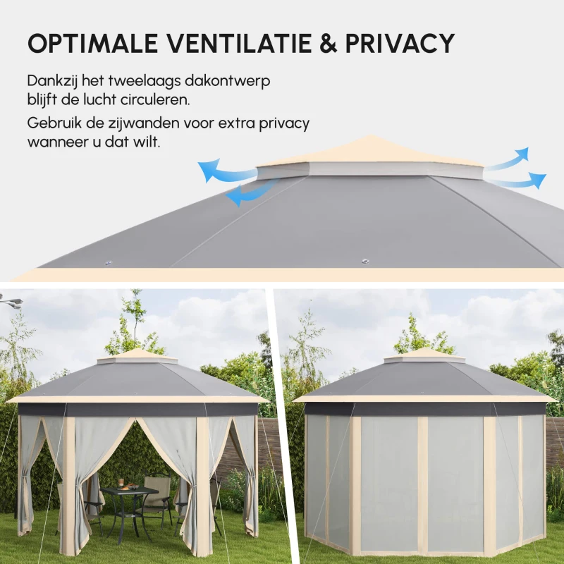 Outsunny Paviljoen 4x4 tuinpaviljoen zeshoekig opvouwbaar met draagtas dubbel dak beige+ kaki