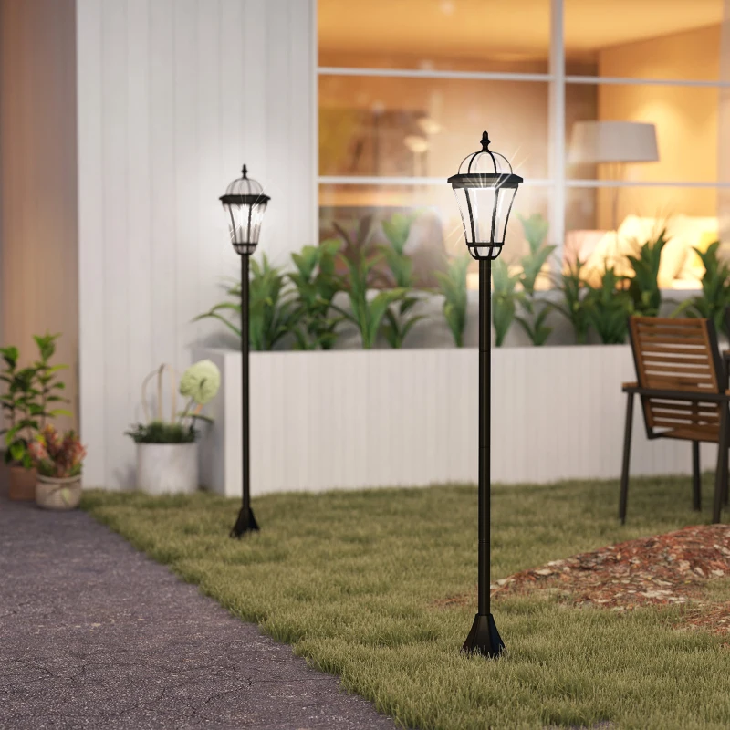 Outsunny 2 lampadaires sur pied solaires d'extérieur jardin avec 2 lampes LED blanc 6000K IP44 Ø18,5 x 129H cm noir