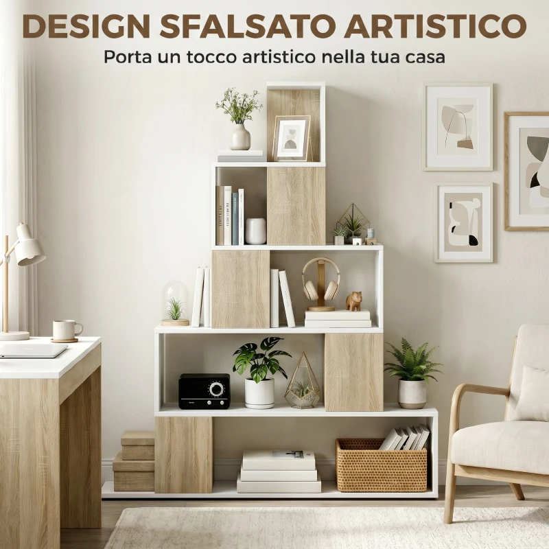 HOMCOM Libreria Moderna a 5 Ripiani con Design a Gradini, 120x22x131.5 cm, Bianco e Legno