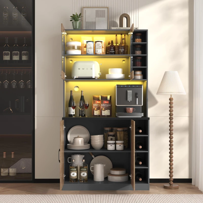 Highboard de cozinha, compartimento de vidro reforçado e iluminação ambiente LED, prateleiras laterais reguláveis em altura100x47x187 cm, Cor natural