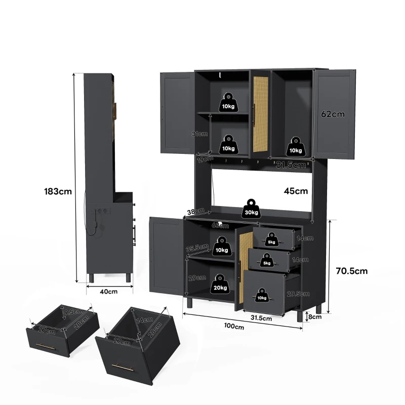 Móvel de cozinha com acabamento em rattan trançado e puxadores metálicos dourados, luzes LED decorativas, 100x40x183 cm, Preto