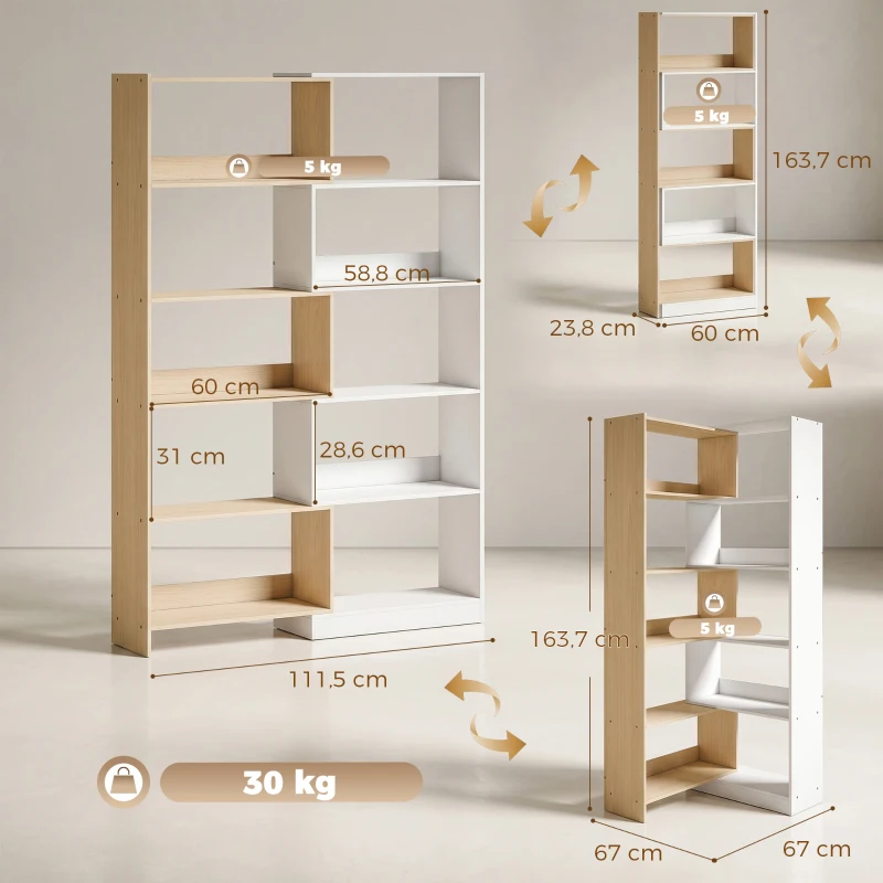 HOMCOM Libreria Angolare a 5 Ripiani dal Design Modulabile e Salvaspazio, in Legno, 67x67x163.7 cm, Multicolore