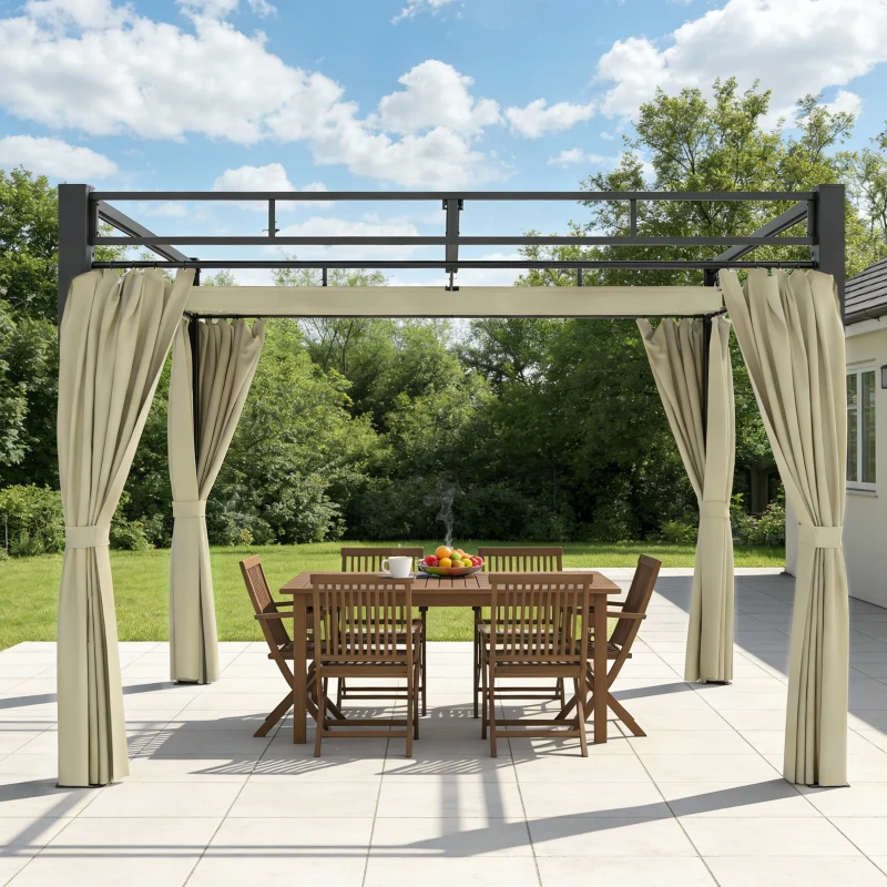 Outsunny Pergola de Jardin Tonnelle de Jardin Extérieur Toit Rétractable 4 Rideaux Protection UV30+3x3m Beige