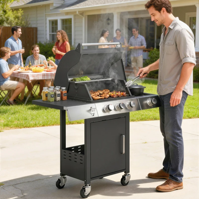 Outsunny Barbecue a Gas con 3 Fuochi e Bruciatore Laterale, 109x50x109 cm, Nero