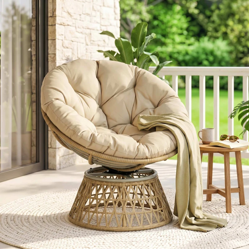 Outsunny Sillón Papasan Giratorio de Ratán Sintético con Cojín Carga 120 kg para Exterior Jardín Terraza 85x70x82 cm Amarillo