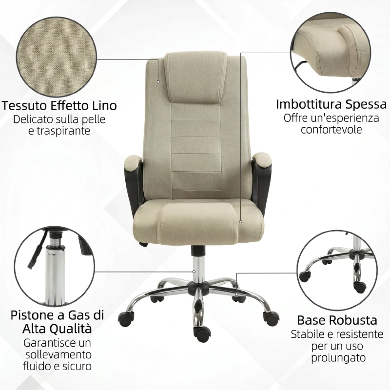 Vinsetto Sedia da Ufficio Ergonomica Inclinabile Girevole in Tessuto Effetto Lino con Poggiatesta, Beige