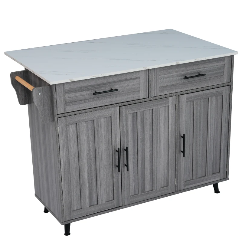Grande ilha de cozinha com tampo extensível dobrável, 5 rodízios (2 com travão) , 129x46/71x91,5 cm, Cinzento