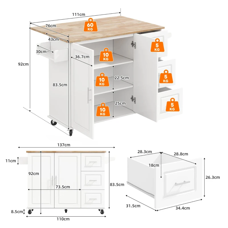 Grande ilha de cozinha móvel,design dobrável, armário multifuncional com 3 gavetas, suporte para toalhas, 137x43/76x92 cm, Branco