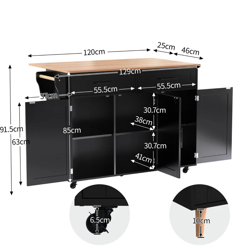 Ilha de cozinha com 5 rodízios, tampo dobrável extensível, 129x46/71x91,5 cm, Preto+Cor natural