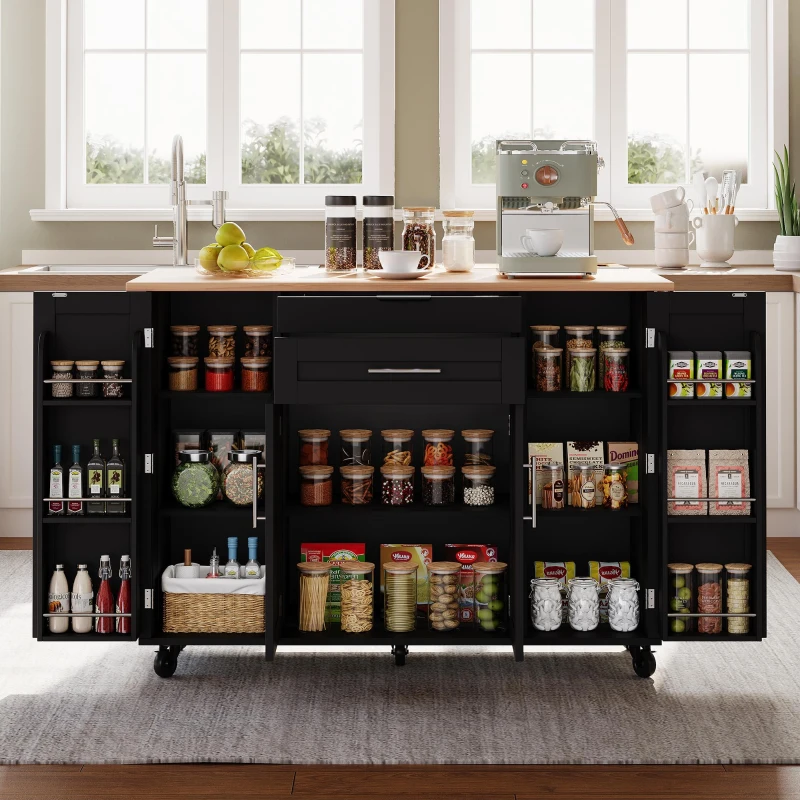 Ilha de cozinha móvel com gaveta oculta para talheres, prateleiras reguláveis, prateleira para especiarias e suporte para toalhas, 136x45/70x92 cm, Preto+Cor natural