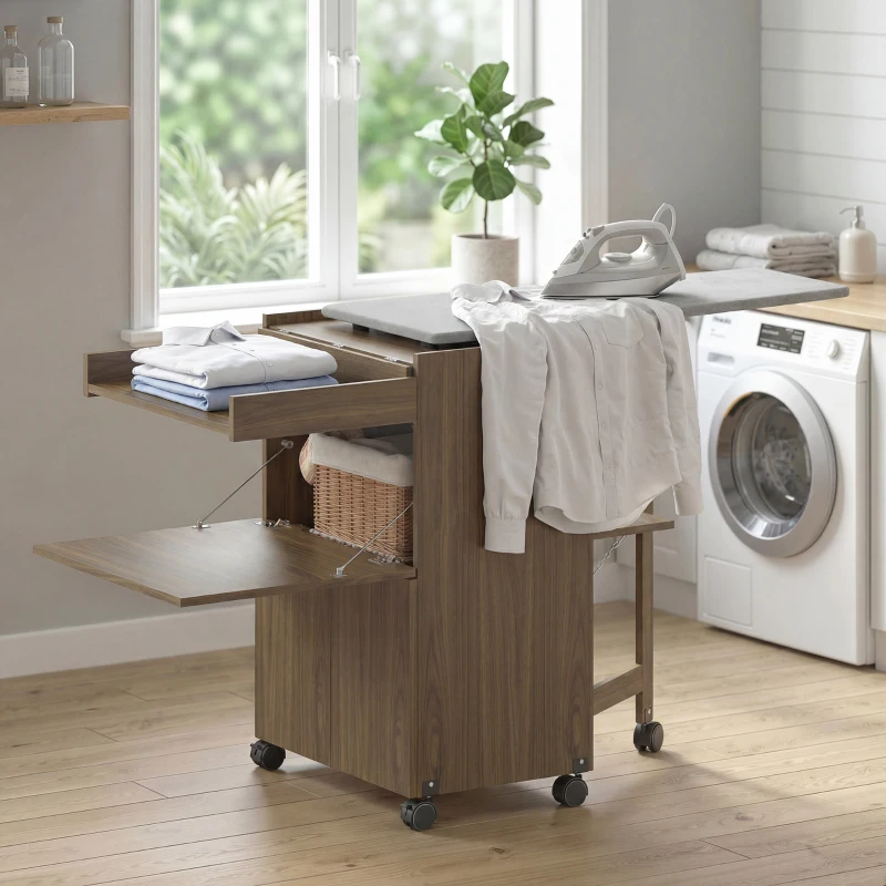 HOMCOM Mobile Asse da Stiro Pieghevole con Porta Ferro e Indumenti con Vano Aperto,154x55x87 cm, Marrone