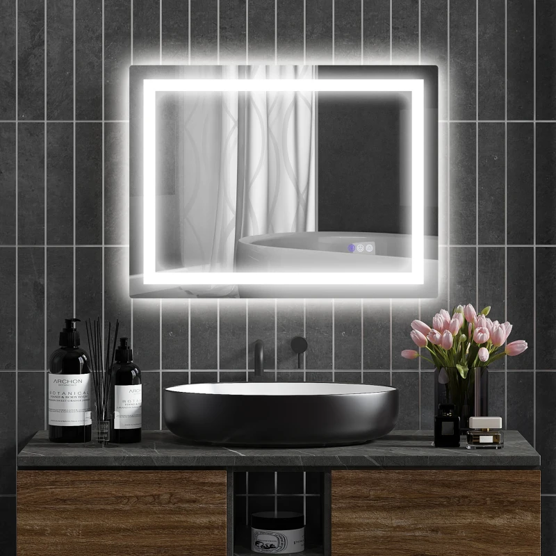 HOMCOM LED-Badezimmerspiegel, Front- und Rückbeleuchtung, Smart-Touch, Entnebelung, 80x60 cm