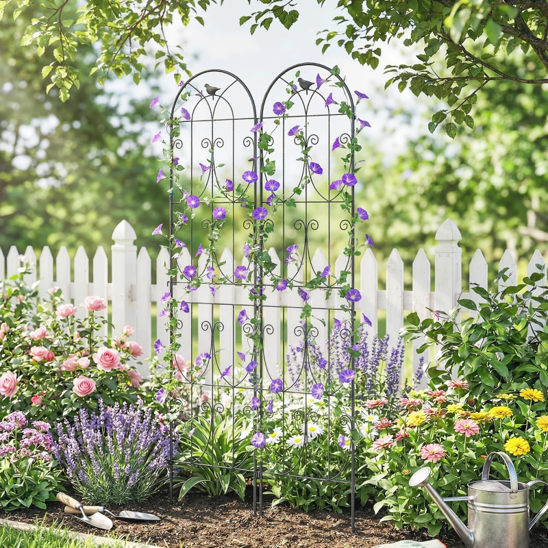 Outsunny Support pour Plantes Grimpantes avec Oiseaux Lot de 2 Treillis de Jardin pour Légume Vigne Fleur Métal 50 x 220 cm Noir