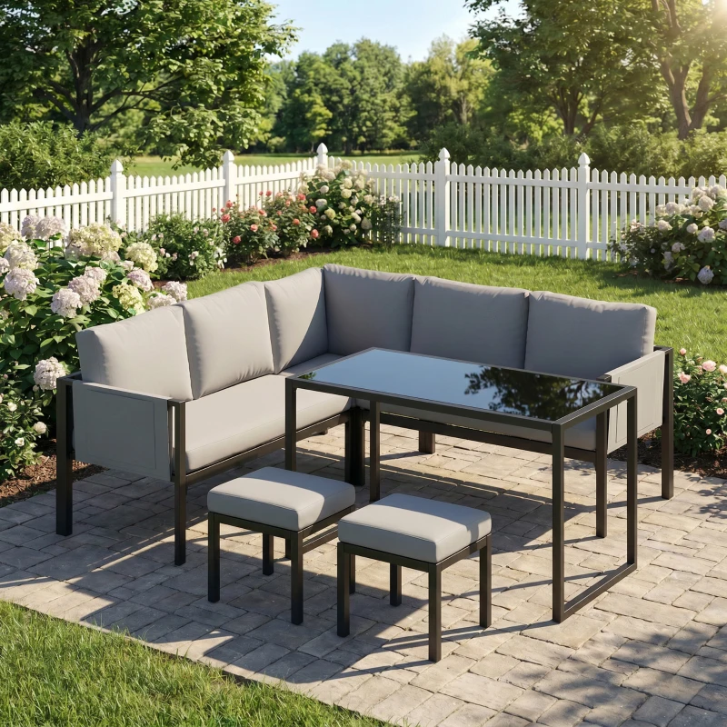 Outsunny Salon de Jardin Canapé d'Angle Extérieur 6 Pièces Coussins 10cm Table Haute et 2 Repose-pieds Gris