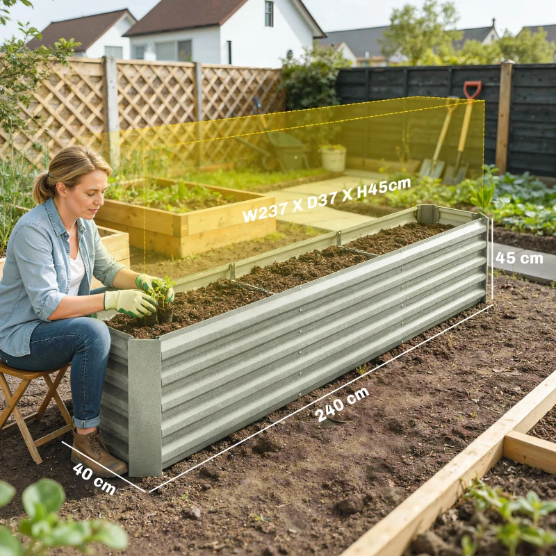 Outsunny Carré potager potager surélevé acier galvanisé barres de soutien et plaques d'angle fond ouvert 240x40x45cm gris argenté