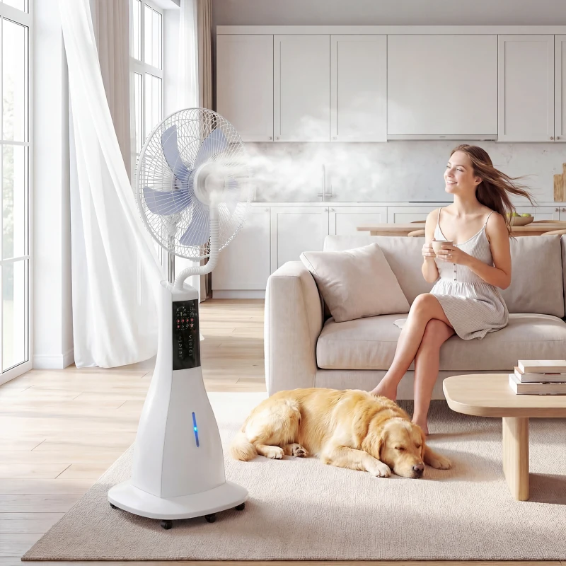 HOMCOM Ventilador Nebulizador 90W Oscilación de 75° 3 Velocidades 5 Aspas Depósito de Agua de 3L 5 Ruedas Control Remoto