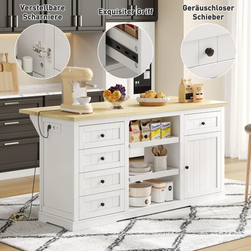 Ilha de cozinha com tampo extensível dobrável, 5 gavetas e 2 prateleiras extraíveis, 150x45/65x75,5 cm, Branco