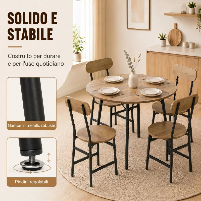HOMCOM Set pranzo 5 pezzi: tavolo e 4 sedie, gambe metallo, finitura naturale.