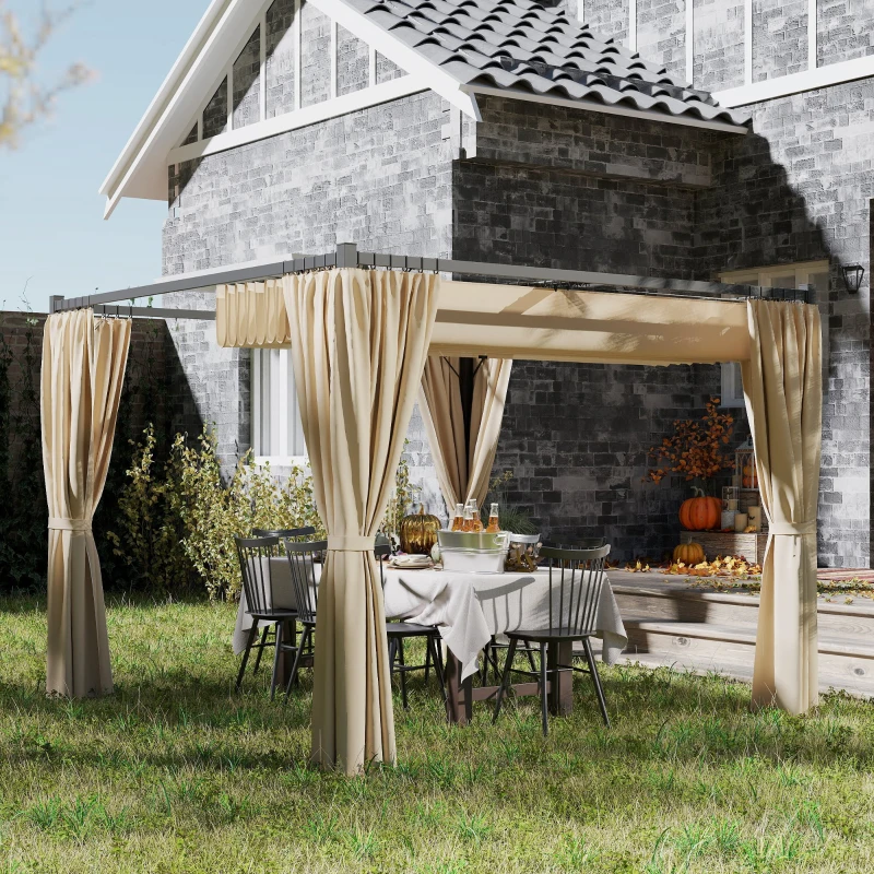 Outsunny 3 x 3(m) Retractable Pergola, Garden Gazebo Shelter with Curtains, for Grill, Patio, Deck, Beige