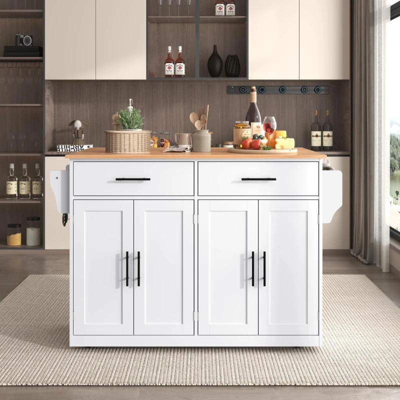 Carrinho de serviço com tampo de mesa dobrável, 2 gavetas e portas duplas, 136x46/71x91,5 cm, Branco+Cor natural