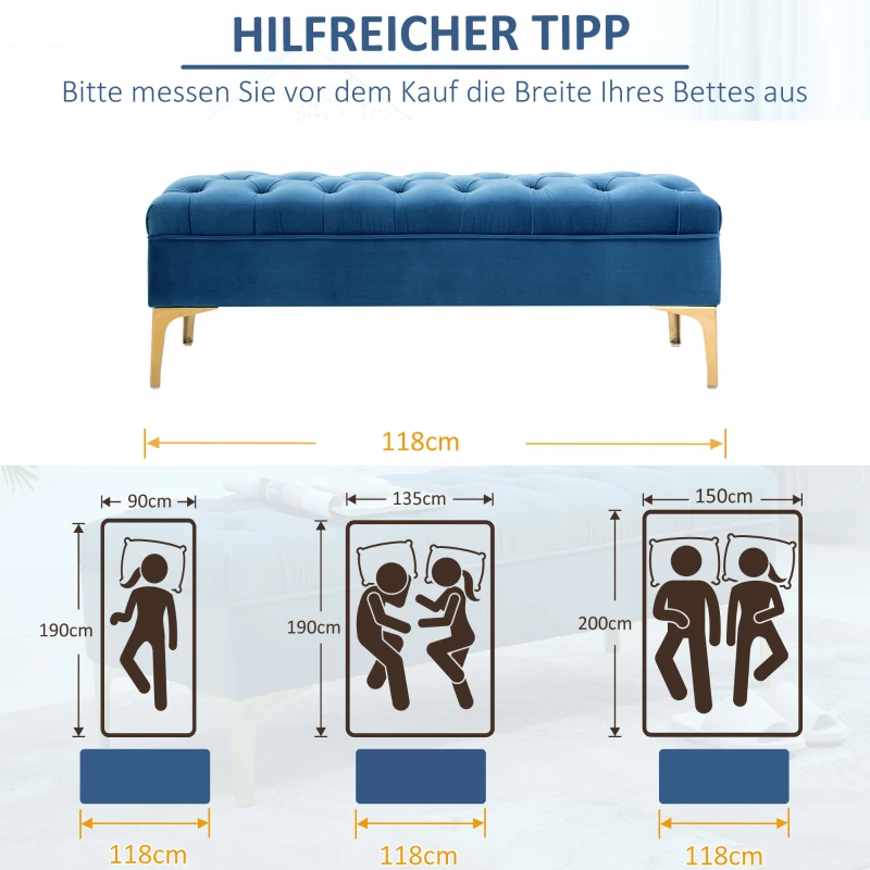 HOMCOM Sitzbank Bettbank Schuhbank mit erhöhten Beine Schlafzimmer Samt Blau