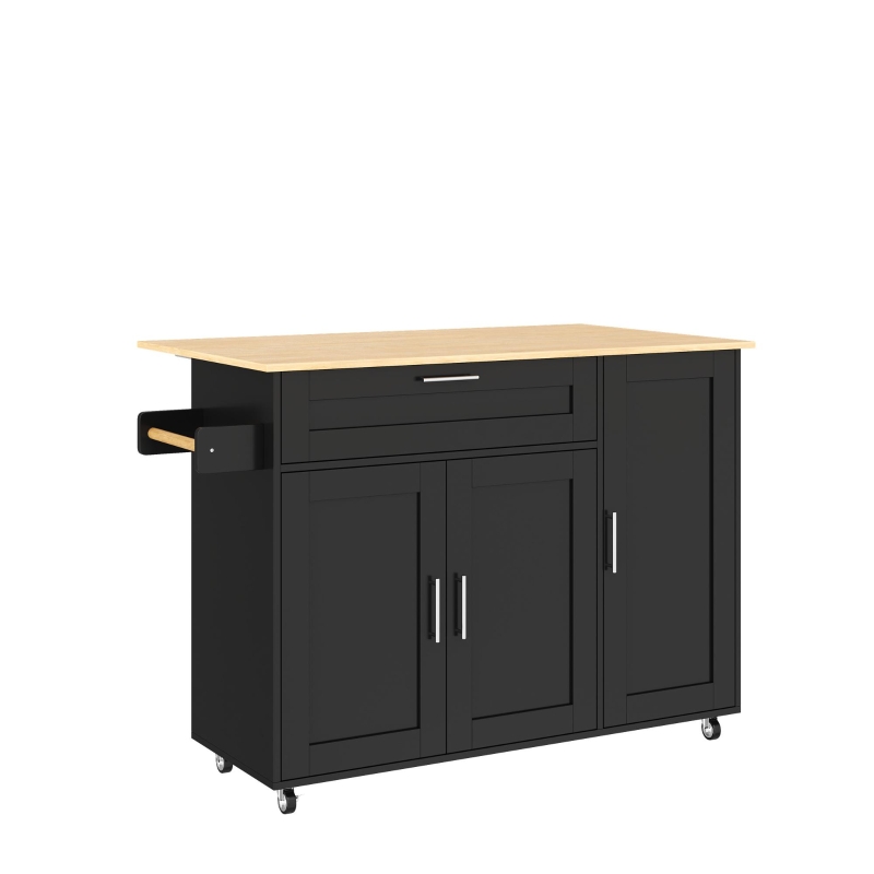 Mesa de cozinha móvel com tampo de trabalho dobrável, gaveta, prateleira para especiarias, suporte para toalhas, 132,5x44/70x90 cm, Preto+Cor natural