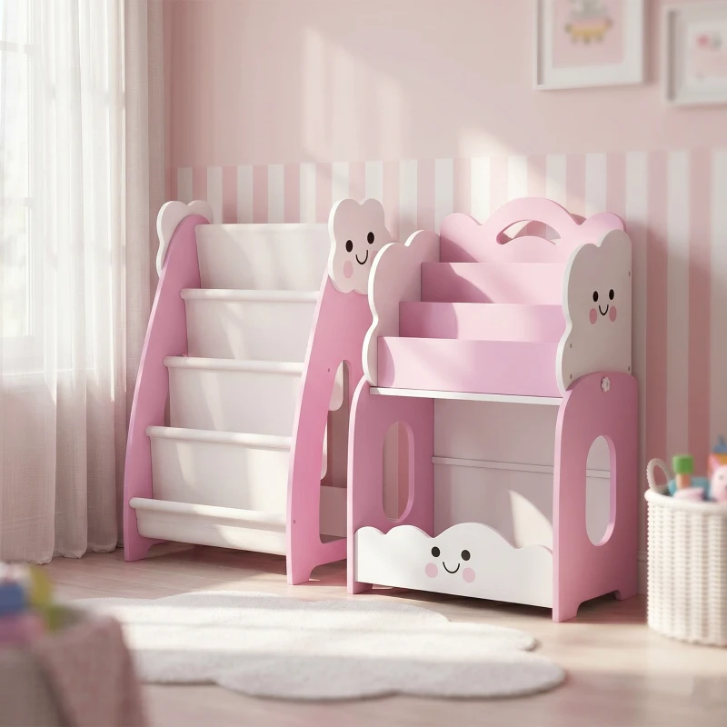 AIYAPLAY Meuble rangement enfant 3 à 8 ans, rangement jouets enfant modulaire avec porte-magazines à 4 étagères, rose
