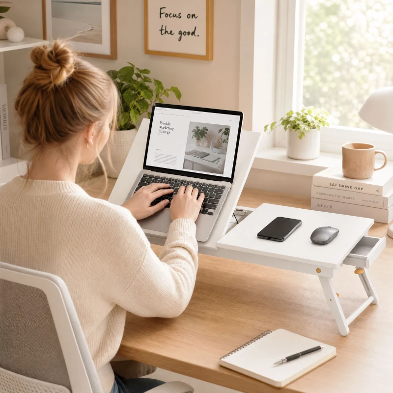 HOMCOM Masă de pat pliabilă și reglabilă, blat pentru laptop din bambus cu înclinare 83,5x33x34cm alb