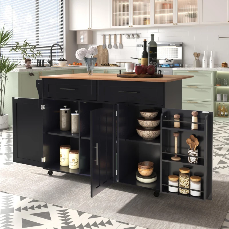 Grande ilha de cozinha com tampo extensível dobrável, 5 rodízios (2 com travão) , 129x46/71x91,5 cm, Preto+Cor natural