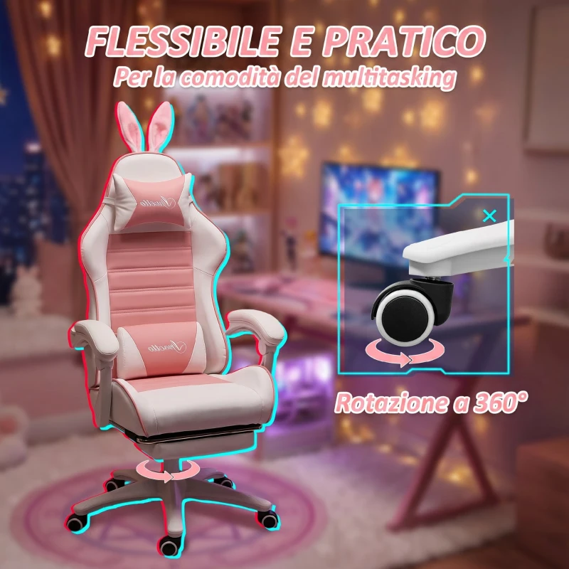 Vinsetto Sedia Gaming Ergonomica con Orecchie, Poggiapiedi Estraibile, Cuscino Lombare e Poggiatesta, Rosa