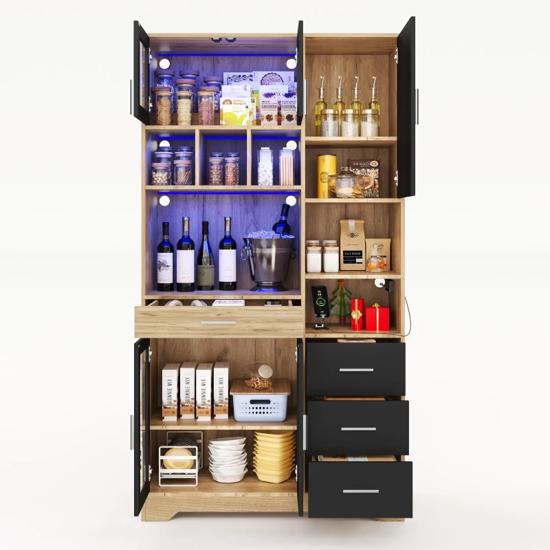Armário alto vintage em estilo casa de campo, fita LED com mudança de cor, 100x40x185 cm, Preto+Cor natural