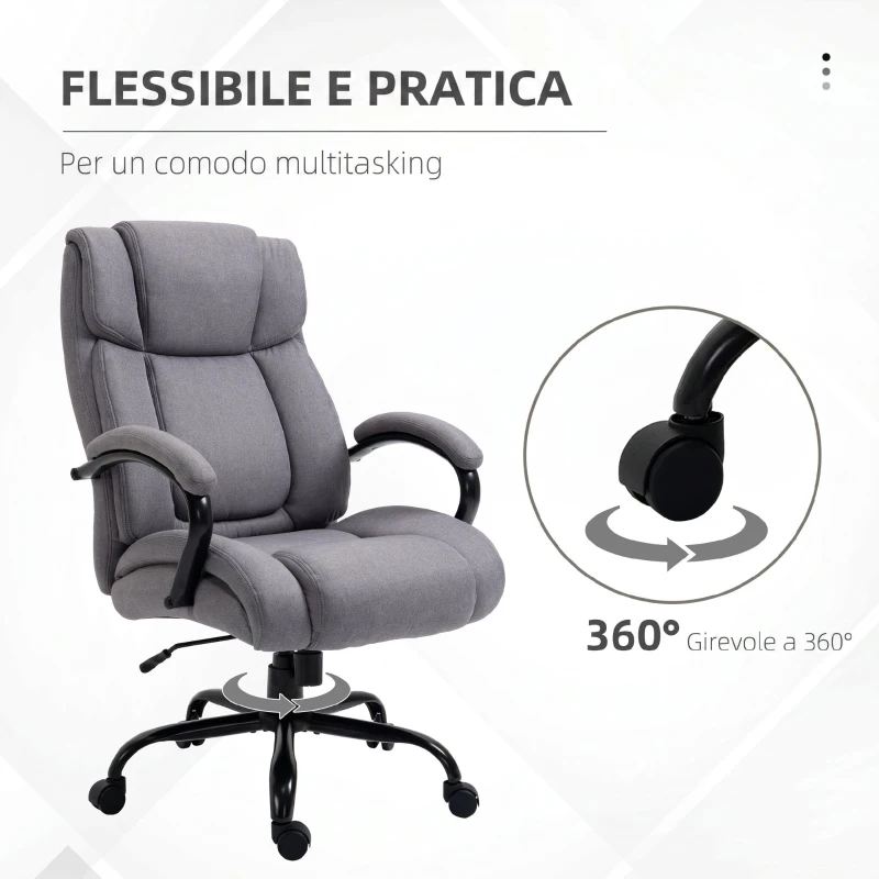 Vinsetto Sedia Ufficio Ergonomica in Tessuto Effetto Lino, Portata 220kg, Girevole, Altezza Regolabile, Grigio Chiaro