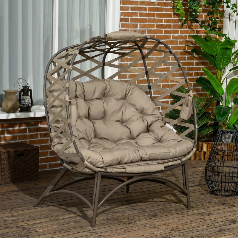 Outsunny 2 Seater Egg Chair Outdoor, Folding Weave Garden Furniture Chair with Cushion, Cup Pockets - Khaki
