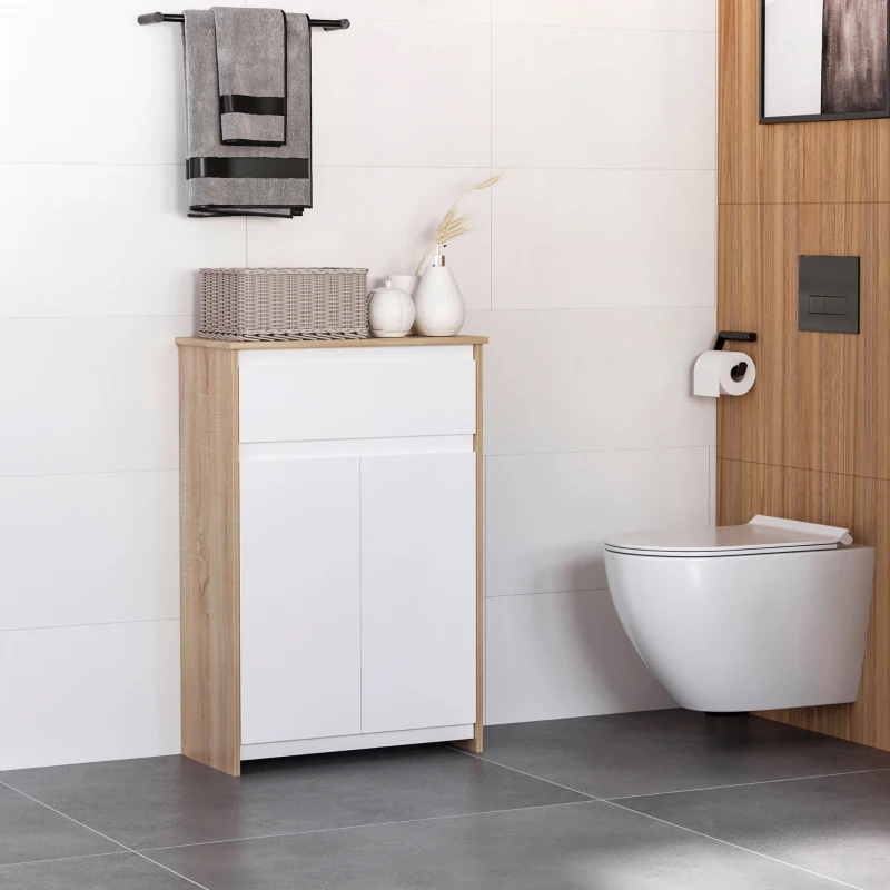 kleankin Meuble de salle de bain, meuble de rangement, tiroir et placard double porte, 60x30x90cm, blanc et effet bois naturel