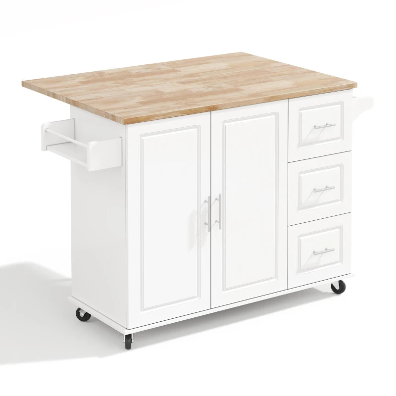 Grande ilha de cozinha móvel,design dobrável, armário multifuncional com 3 gavetas, suporte para toalhas, 137x43/76x92 cm, Branco
