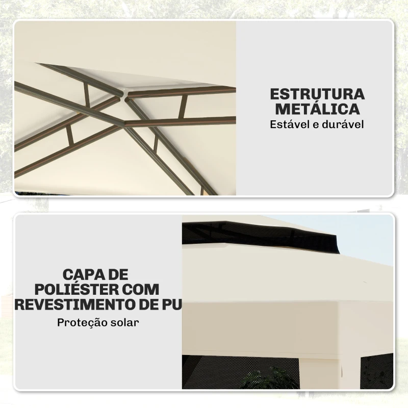 Outsunny Pérgola de Jardim 297x297x268 cm com 4 Redes Mosquiteiras Laterais Teto de Ventilação e 8 Orifícios de Drenagem Bege