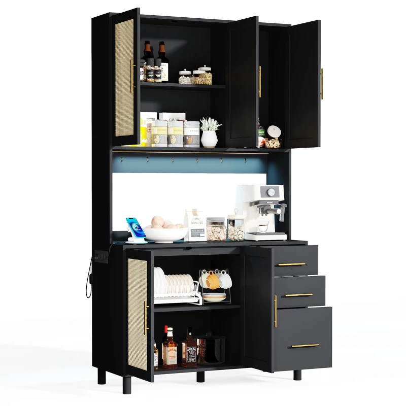 Móvel de cozinha com acabamento em rattan trançado e puxadores metálicos dourados, luzes LED decorativas, 100x40x183 cm, Preto