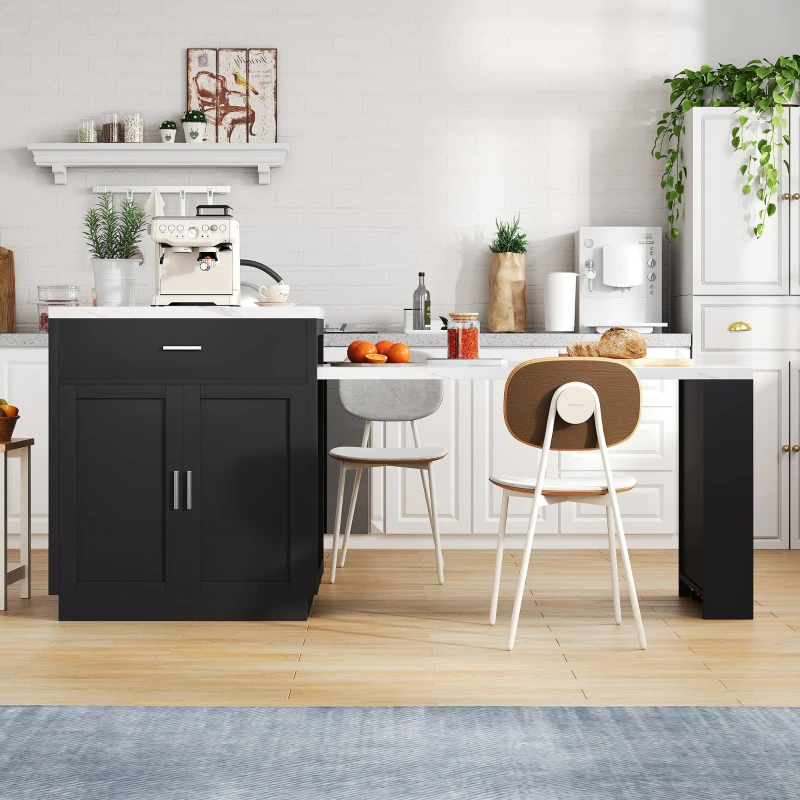 Ilha de cozinha com mesa de jantar extensível, armário de arrumação, 2 gavetas, 2 prateleiras laterais abertas, 211x55x89,5 cm, Preto