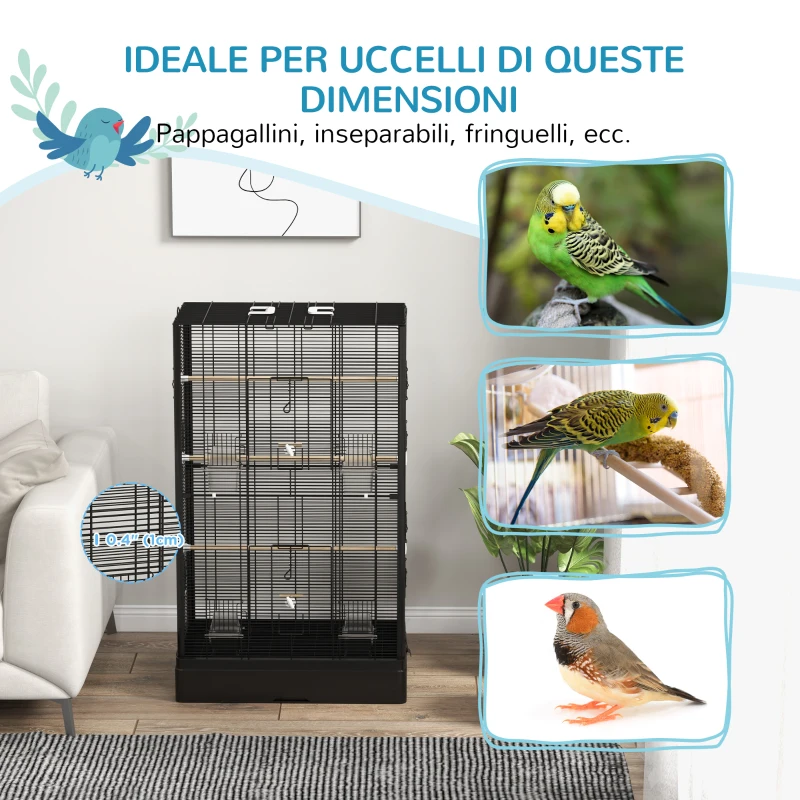PawHut Gabbia per Uccelli con Vassoio Estraibile e Posatoi, Voliera per Pappagalli, 61x36.5x98cm, Nero