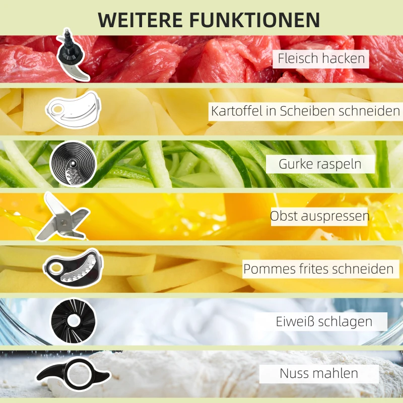 HOMCOM 650W Küchenmaschine mit 1L Rührschüssel 1,25L Mixer Multizerkleinerer 7-in-1 Funktion Schneiden, Zerkleinern, Verquirlen, Hacken, Mahlen, Mixen und Mischen 3 Geschwindigkeitsstufen Silber