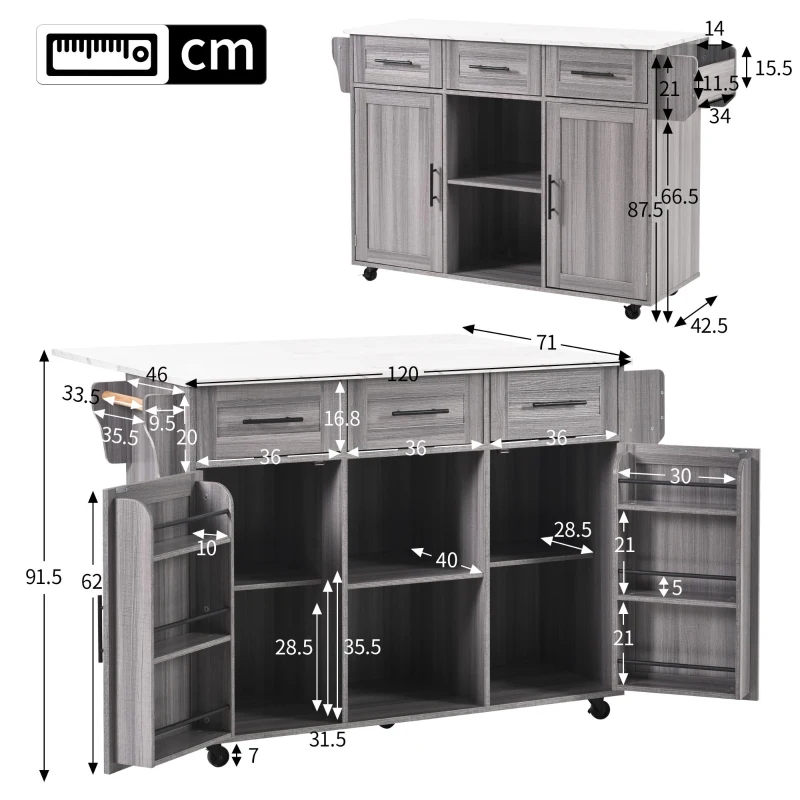 Grande ilha de cozinha com 3 gavetas, portas de arrumação, prateleiras ajustáveis e suporte para toalhas, 139x46/71x91,5 cm, Cinzento