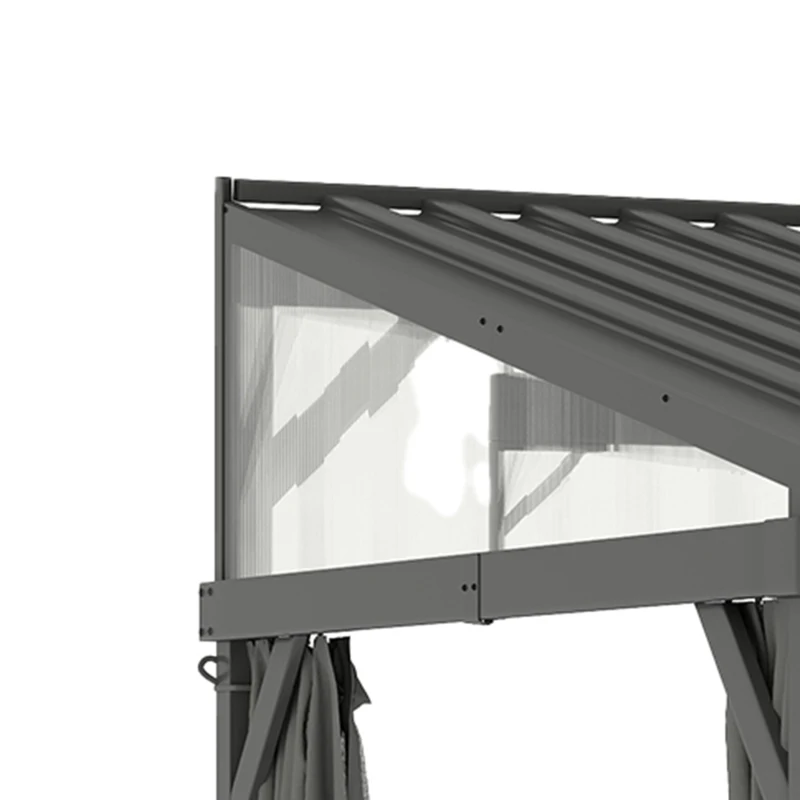 Outsunny 4.3 x 3 m Garden Pergola with Galvanised Steel Roof, Lean to Pergola Gazebo with Netting Curtains, Dark Grey