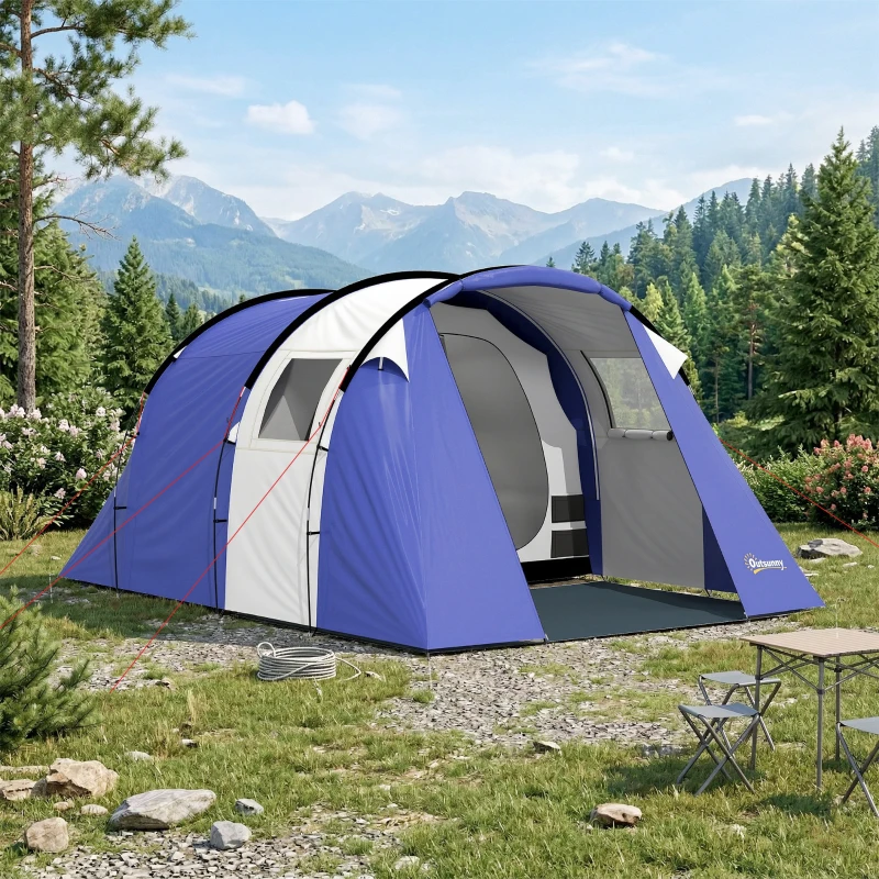 Outsunny Tente de Camping pour 4 Personnes, 2 Chambres, Imperméable 3000mm, avec Tapis de Sol et Sac, 420x300x200cm, Bleu Foncé