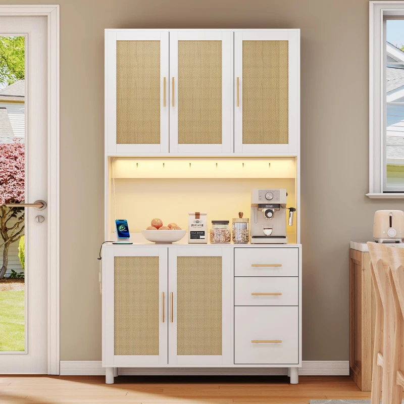 Móvel de cozinha com acabamento em rattan trançado e puxadores metálicos dourados, luzes LED decorativas, 100x40x183 cm, Branco
