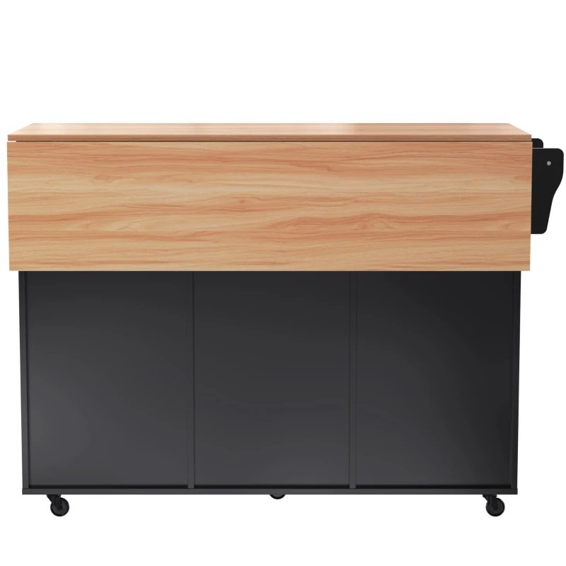Grande ilha de cozinha com tampo extensível dobrável, 5 rodízios (2 com travão) , 129x46/71x91,5 cm, Preto+Cor natural