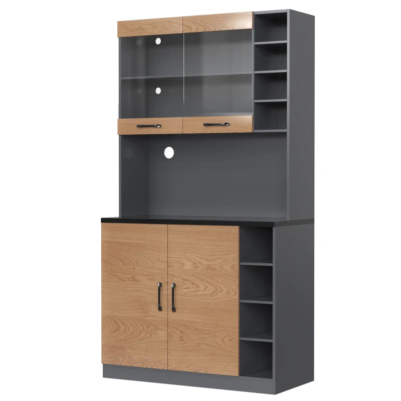 Highboard de cozinha, compartimento de vidro reforçado e iluminação ambiente LED, prateleiras laterais reguláveis em altura100x47x187 cm, Cor natural