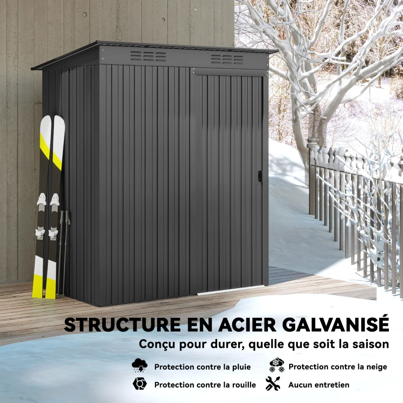 Outsunny Abri de jardin en métal 1,37 m², cabane de jardin, 2 paires de gants, porte coulissante, 159x106x181cm, gris foncé